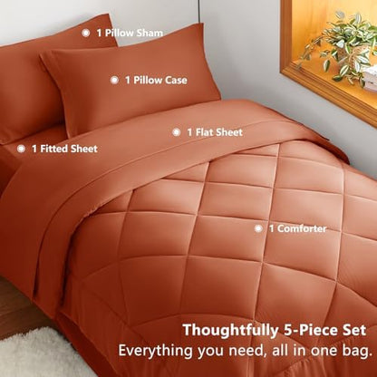 CozyLux Twin XL Comforter Set 68"x88" Burnt Orange - 5 Piece Bed in a Bag