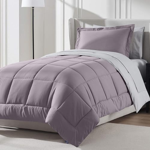 Nestl 7 Piece Twin Comforter Set – Dusty Purple Reversible Bed in a Bag – Complete Twin Size Bedding Set with Sheets, Set of 2 Down Alternative Pillows, Pillowcase and Sham