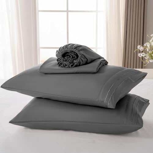 ROSE&RISY Dark Grey Queen Sheet Set, 4 Pieces Soft Bedding Queen Sheet Set, Breathable and Cooling,Includes 1 Fitted, 1 Flat, 2 Pillow Cases - Deep Pocket(Dark Grey, Queen)