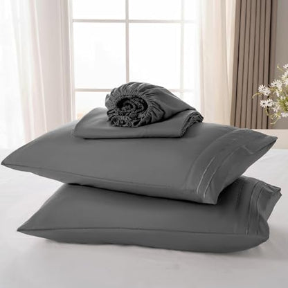 ROSE&RISY Dark Grey Queen Sheet Set, 4 Pieces Soft Bedding Queen Sheet Set, Breathable and Cooling,Includes 1 Fitted, 1 Flat, 2 Pillow Cases - Deep Pocket(Dark Grey, Queen)