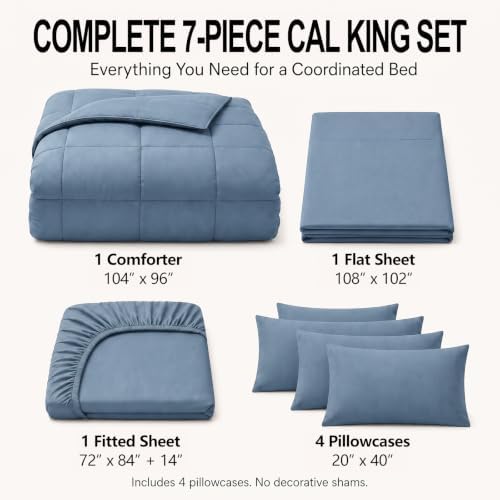 CozyLux California King Comforter Set Dusty Blue - 7 Pieces Bed in a Bag
