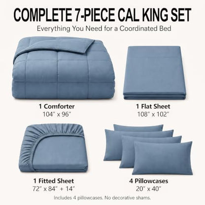 CozyLux California King Comforter Set Dusty Blue - 7 Pieces Bed in a Bag