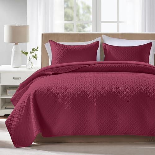 FLYMME Quilts Queen Size,Lightweight Burgundy Bedspreads,Basket Weave Pattern,Ultra Soft Microfiber Bed Coverlet 3 Pieces for All-Seasons (1 Quilt,2 Shams)