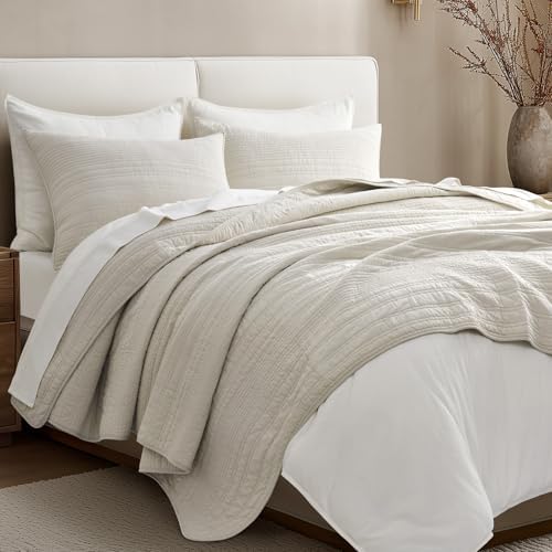 EVERGRACEHOME 100% Cotton Modern Lines Quilt Set King Size, Birch