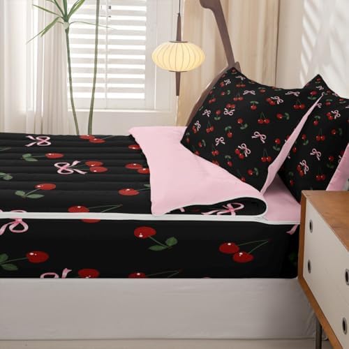 Feelyou Bows Cherry Summer Comforter Set Twin Size Kids Bed in a Bag