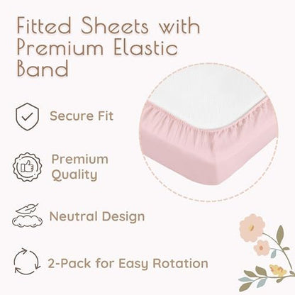 Muslin Cotton Crib Sheets for Girls, 2 Pack 52"x28" Fitted Baby Crib Sheet for Girl, Soft & Breathable Baby and Toddler Bed Sheets, Mattress Cover Muslin Cribs Sheet Set Nursery Gift Pink Floral