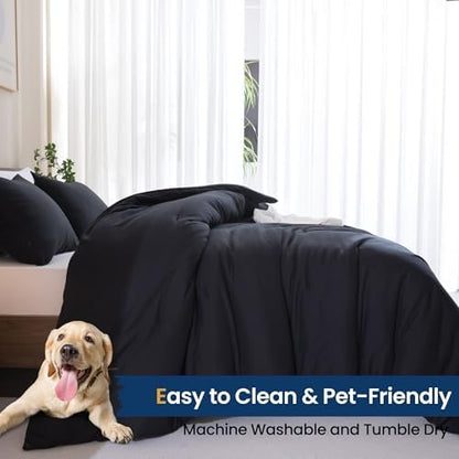 Paxrac Black California King Comforter, 3 Pieces Oversized King Comforter Set, Lightweight Solid Bedding Set, All Seasons Soft Cal King Comforter Set (104x96In Comforter & 2 Pillowcases)