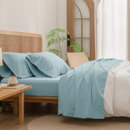 BESTOUCH Sheet Set 100% Washed Cotton Linen Feel Super Soft Comfortable Chic Lightweight 4 Pcs Home Bedding Set Solid Hushed Green Queen