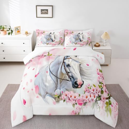 Feelyou White Horse Comforter Set Queen Size Bedding Set for Teens
