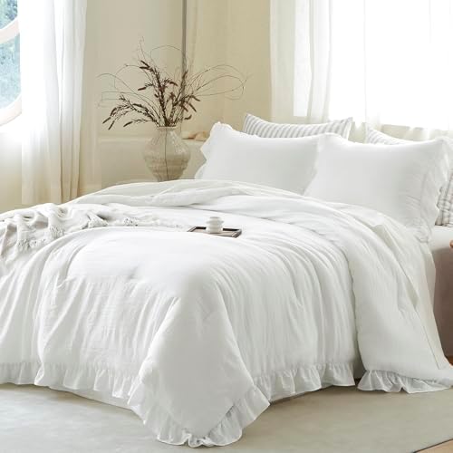 Pure White Ruffle 3 Pieces Comforter Queen Shabby Chic Bedding Set