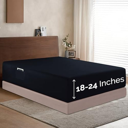 Elegant Comfort 1500 Premium Hotel Quality 18-24 Inches Deep - Extra Deep Pocket Single Fitted Sheet for High Mattress, Luxury and Softest, Smart Pocket - Wrinkle Free, King, Black