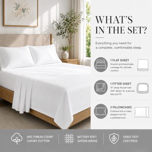 Egyptian Cotton Sheets King Size Sheets Set, 400TC King Sheet Set - White