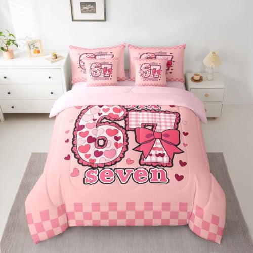 Erosebridal Six Seven Comforter Set Twin Size 7 Piece Pink 67 Number Print Bedding Set Gift for Kids Girls Birthday,Romantic Love Heart Bow Plaid Bed in A Bag with Flat and Fitted Sheet