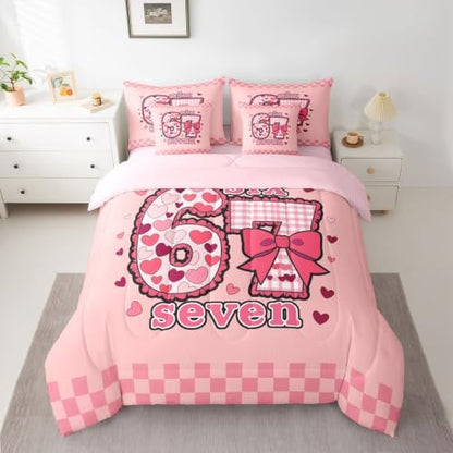 Erosebridal Six Seven Comforter Set King Size 7 Piece Pink 67 Number Print Bedding Set Gift for Kids Girls Birthday,Romantic Love Heart Bow Plaid Bed in A Bag with Flat and Fitted Sheet