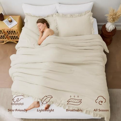 FUANNA Queen Comforter Set, 3 PCS Bedding Sets, Ruffle Bed Set, Cream White