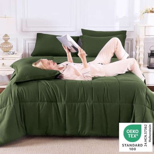 CozyLux Queen Comforter Set, 7-Piece Bed in a Bag, Olive Green