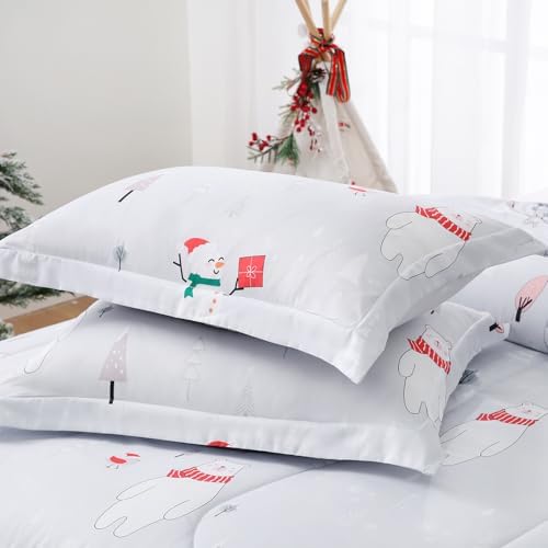 Yibeizi Christmas Comforter Set Twin for Boys Girls, Cute Bear Snowmen Printed Bedding Set with Pillow Sham, Lightweight Soft Breathable Washable Bed Set 2 Piece
