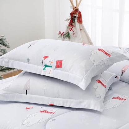 Yibeizi Christmas Comforter Set Twin for Boys Girls, Cute Bear Snowmen Printed Bedding Set with Pillow Sham, Lightweight Soft Breathable Washable Bed Set 2 Piece