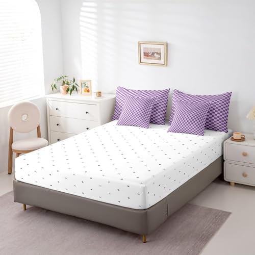 jejeloiu Purple Bedding Set 7Pcs King Size Kids Buffalo Plaid Comforter Set with Sheets for Boys Girls Checkered Grid Bed in a Bag Soft Lightweight,Microfiber