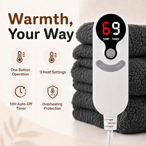 Eydna Electric Heated Blanket Full Size 72"×84" with 9 Heating Levels & 1-10Hs Auto Off，Double Sided Plush Sherpa, Energy Efficient, Machine Washable, for Couch & Bed, Gifts for Family- Dark Gray