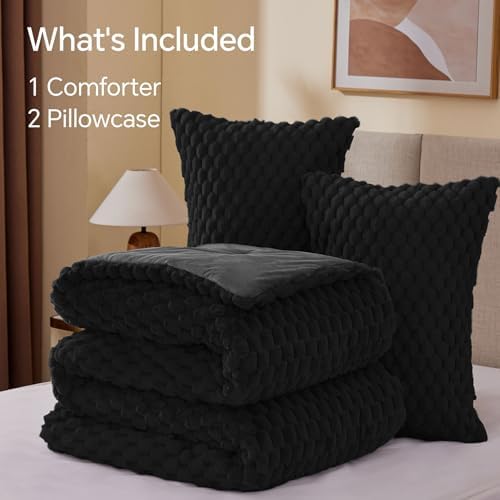 BEDELITE Fluffy OS Queen Comforter Set, Black Fleece Bed Set 3 Pieces