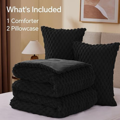 BEDELITE Fluffy OS Queen Comforter Set, Black Fleece Bed Set 3 Pieces