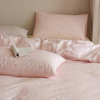 mixinni Gingham Duvet Cover Full Size, 100% Cotton Light Pink and White Gingham Bedding Set for Girls, Cute Bow Print Soft Aesthetic Cottagecore Bedding 3 Pieces (1 Duvet Cover + 2 Pillowcases)