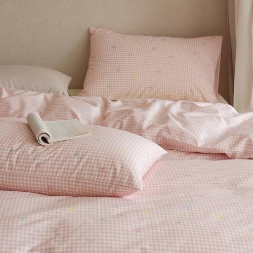 mixinni Gingham Duvet Cover Twin Size, 100% Cotton Light Pink and White Gingham Bedding Set for Girls, Cute Bow Print Soft Aesthetic Cottagecore Bedding 3 Pieces (1 Duvet Cover + 2 Pillowcases)