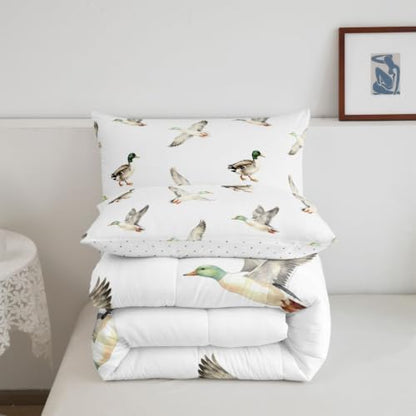 Feelyou Mallard Duck Bedding Set Soft for Boys Girls, Hunting and Fishing Comforter Set Queen Size Wild Animal Duvet Quilt Microfiber Wildlife White Bedroom Decor 3 Pcs with 2 Pillow Cases