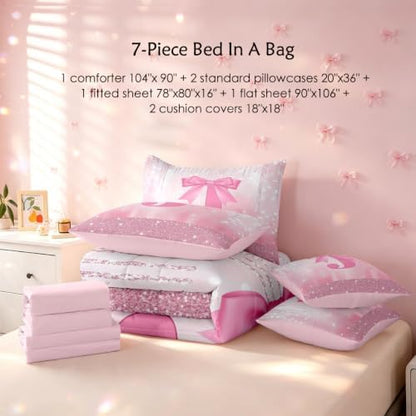 Feelyou Kids Pink Bowknot Bed in A Bag King Size for Boys Girls