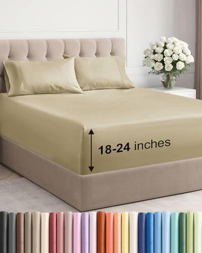 Extra Deep Cal King Sheet Set - 4 Piece Breathable & Cooling Sheets - Beige