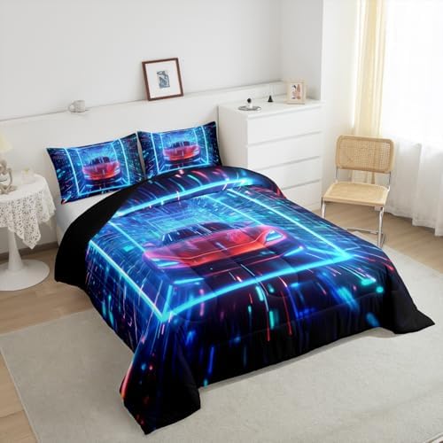 Erosebridal Boys Sports Car King Comforter Set for Kids Racing Car Bedding Set Sports Race Car Down Comforter Colorful Cool Neon Quilt Lightning Duvet Insert 3Pcs Bedding Room Decor