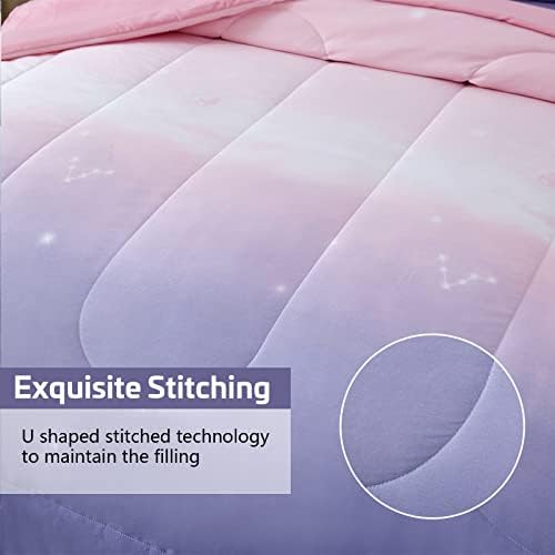 Dinjoy Girls Comforter Set Queen Size 7 Pieces Bed in A Bag Ombre Pink Purple Rainbow Bedding Set Collections for Teen Women (1 Comforter, 1 Flat Sheet, 1 Fitted Sheet, 2 Pillow Shams, 2 Pillowcases)