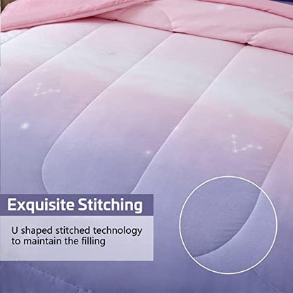 Dinjoy Girls Comforter Set Queen Size 7 Pieces Bed in A Bag Ombre Pink Purple Rainbow Bedding Set Collections for Teen Women (1 Comforter, 1 Flat Sheet, 1 Fitted Sheet, 2 Pillow Shams, 2 Pillowcases)