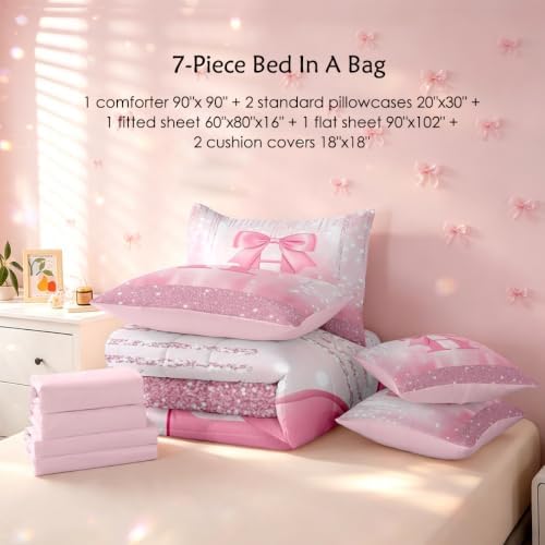 Feelyou Kids Pink Bowknot 7 Pieces Bedding Set Queen Size for Boys Girls