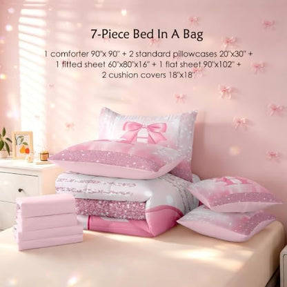 Feelyou Kids Pink Bowknot 7 Pieces Bedding Set Queen Size for Boys Girls