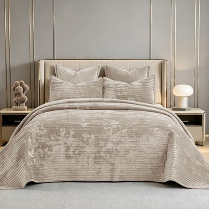 Califonia King Velvet Quilt Set Striped Bedspread 106x118
