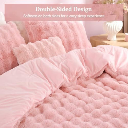YIKUSH King Faux Fur Soft Comforter Set, Fluffy Pink Rabbit Fur Comforter