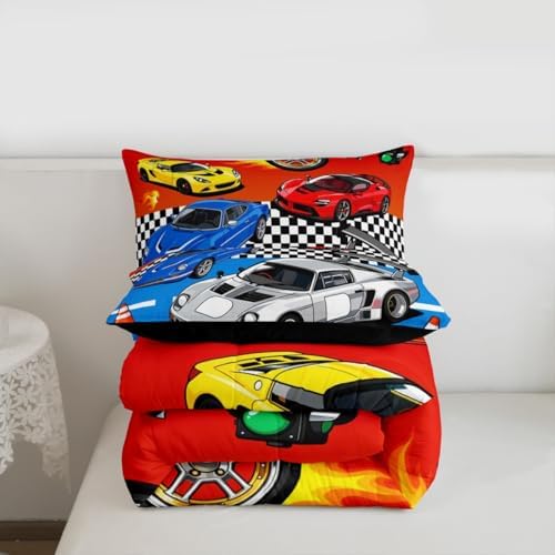 Feelyou Boys Sports Car Comforter Set Queen Size Speed Race Car Bedding Set for Kids Boys Girls Racing Extreme Sports Duvet Quilt Automobile Bedroom Decor Microfiber 3 Pcs with 2 Pillow Cases