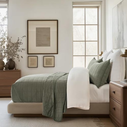 EVERGRACEHOME 100% Cotton Box Stitch Quilt Set, Oversized King, Olive Green