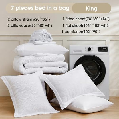FreshCulture Comforter Set Seersucker 7 Pieces, All Season Bedding Set King, Bed in a Bag Comforter Set with 1 Comforter, 1 Flat Sheet, 1 Fitted Sheet, 2 Pillowcases and 2 Pillow Shams, White