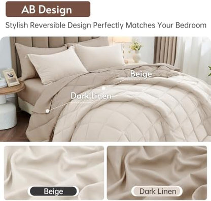 MUXHOMO 7 Pieces California King Comforter Set, Reversible Bed in a Bag Cal King Size, All Season Bedding Set with Comforter, Flat Sheet, Fitted Sheet, Pillowcases & Shams, Beige & Dark Linen