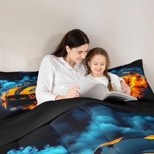 Kids Boys Race Car Comforter Set Queen Size,Orange Sports Car Bedding Sets for Teens Racing Cars Cool Sports Game Duvet Set Modern Race Cars Room Decor for Boys,Luxury Soft All Season,Black Blue