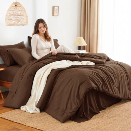 HIMEET King Comforter Set, 7-Piece Point-Quilted Bed in a Bag, Brown