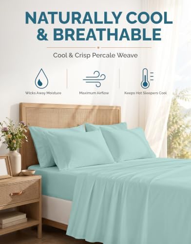 Casa Platino King Sheets Sets – 100% Cotton King Sheets Cooling with 4 Pillowcases, 15" Deep Pocket Fitted Sheet, Crisp & Smooth Feel, Ultra Soft & Cozy, Fit – Blue Sky