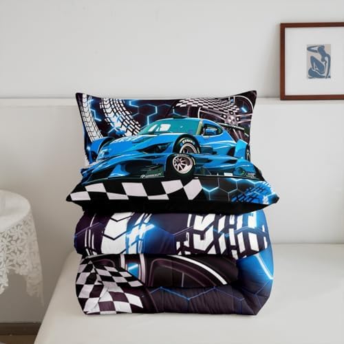 Toddler Race Car Bed for Boys,Teal Neon Lights Honeycomb Toddler Bedding Sets for Boys Cool Sports Car Glitter Beehive Geometric Hexagon Comforter Set,Black White Lattice Quilt Buffalo Plaid Decor