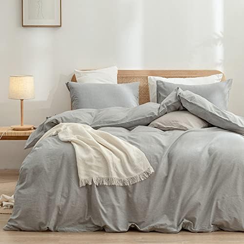 BESTOUCH Cotton Solid Duvet Cover Set Linen Feel Light Grey King