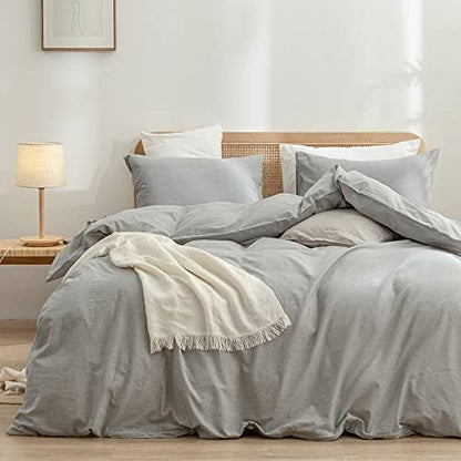 BESTOUCH Cotton Solid Duvet Cover Set Linen Feel Light Grey King