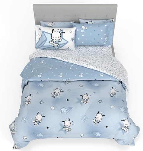 Sanrio Pochacco Bedding 7 Piece Super Soft Cozy Reversible Comforter and Sheet Set with Sham, Full, (Officially Licensed Product) By Franco