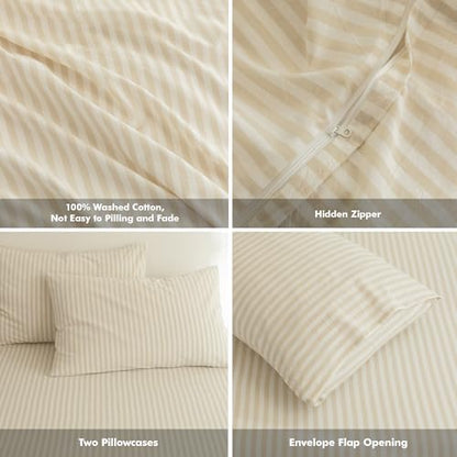 FOSSA Striped Duvet Cover Set Washed Cotton Linen Feel Oversized King Plus